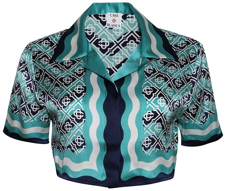 Casablanca Monogram Wave Cropped Silk Shirt Turquoise
