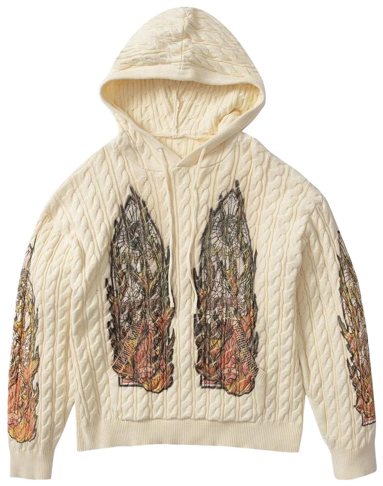 Who Decides War Flame Glass Cable Knit Hooded Pullover Cream