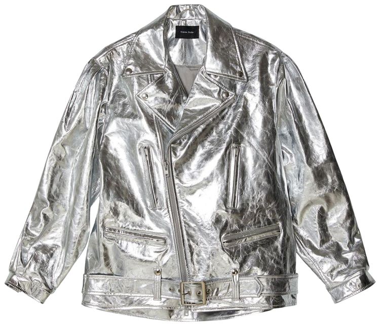 Simone Rocha Puff Sleeve Leather Biker Jacket Silver