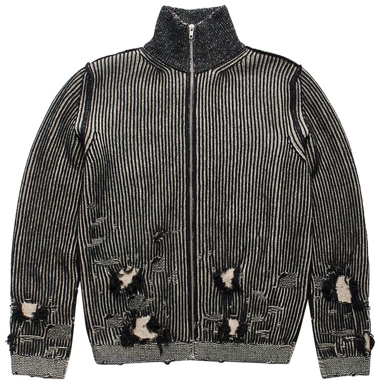 MM6 Maison Margiela Ribbed Bicolor Destroyed Zip Up Sweater Black