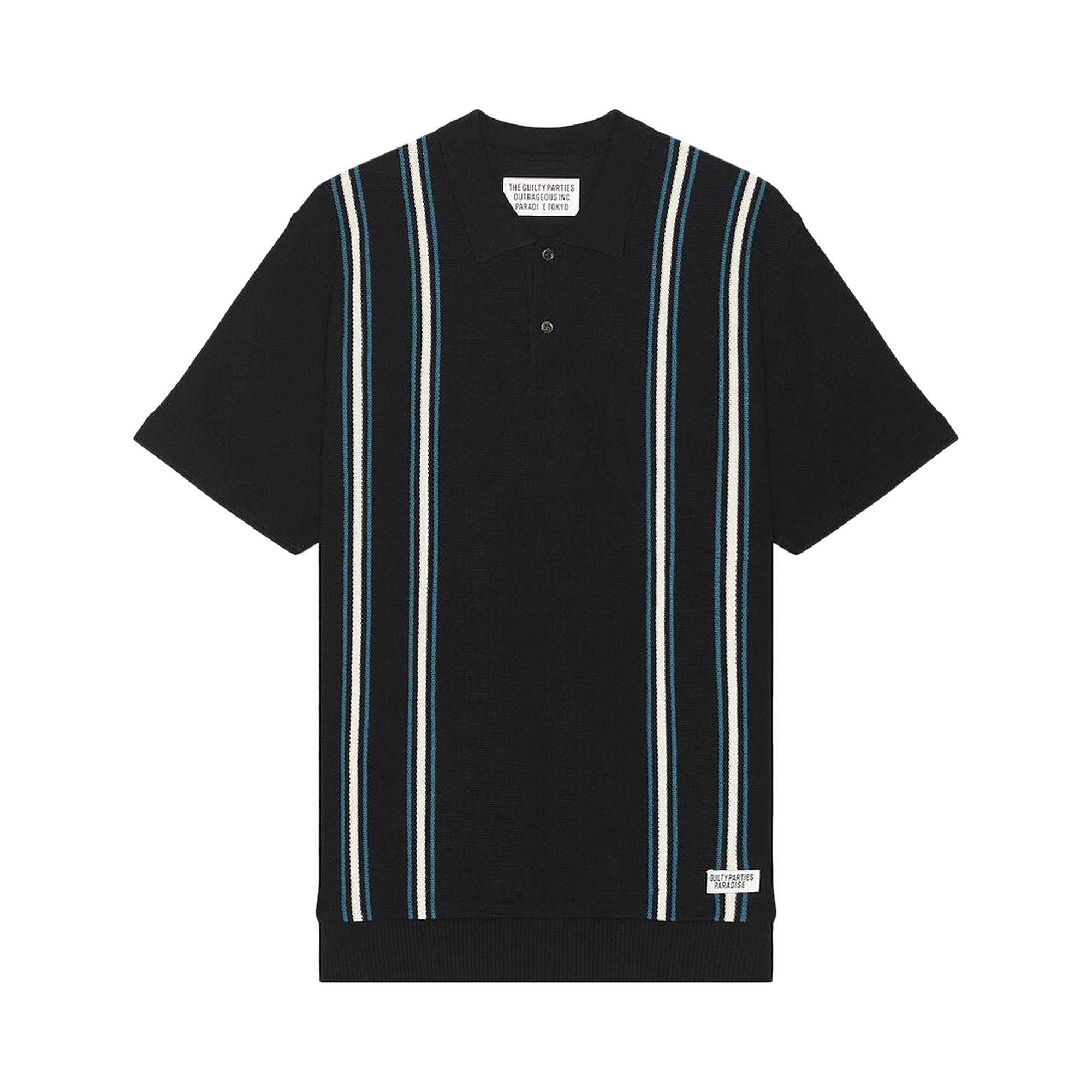 WACKO MARIA Striped Knit Polo Shirt in Black | FWRD