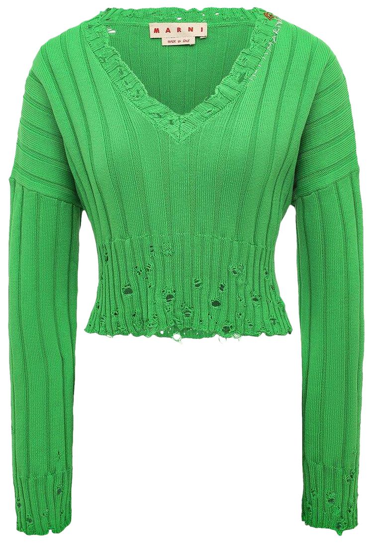 Marni Distressed V Neck Rib Sweater Green