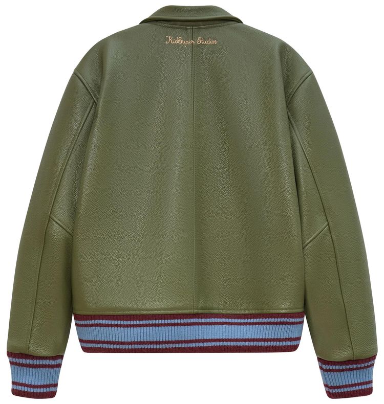 KidSuper Patchwork Face Leather Varsity Jacket Green