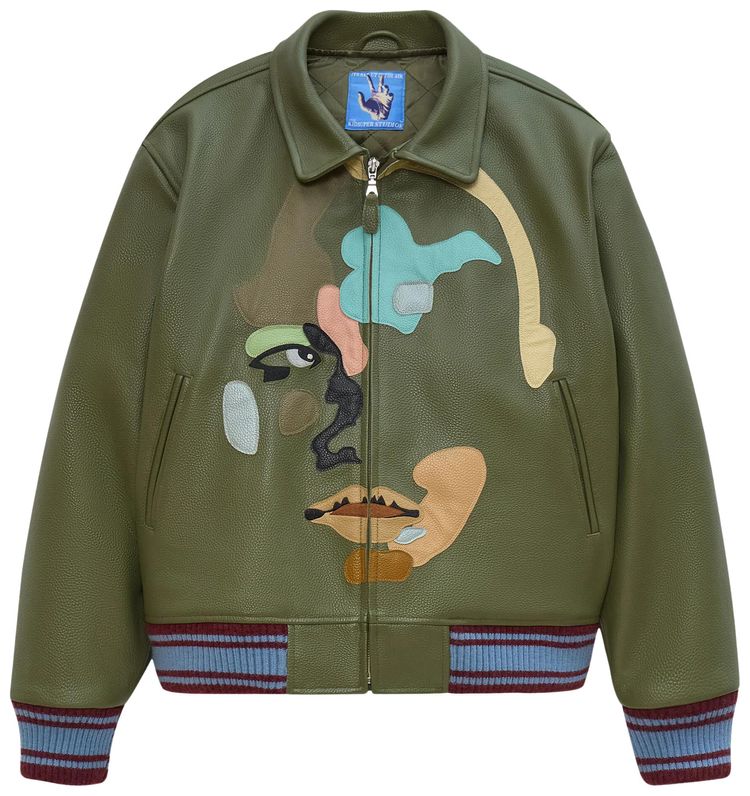 KidSuper Patchwork Face Leather Varsity Jacket Green