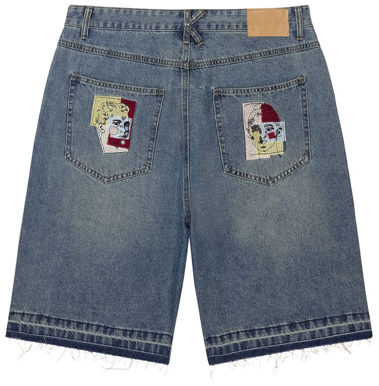 KidSuper Face Patchwork Baggy Shorts Light Wash