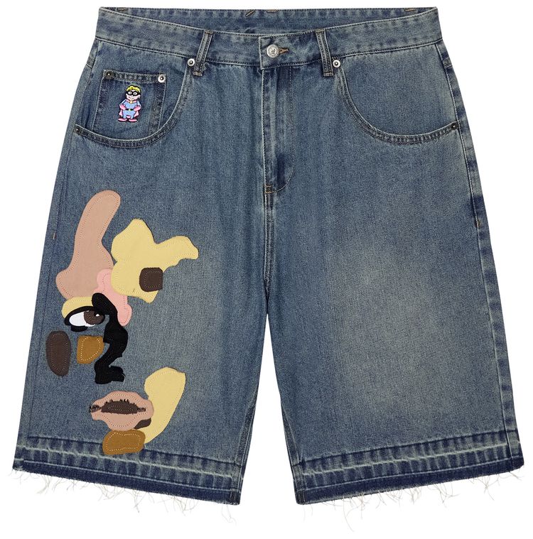 KidSuper Face Patchwork Baggy Shorts Light Wash