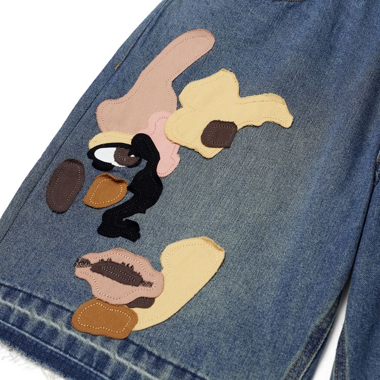 KidSuper Face Patchwork Baggy Shorts Light Wash