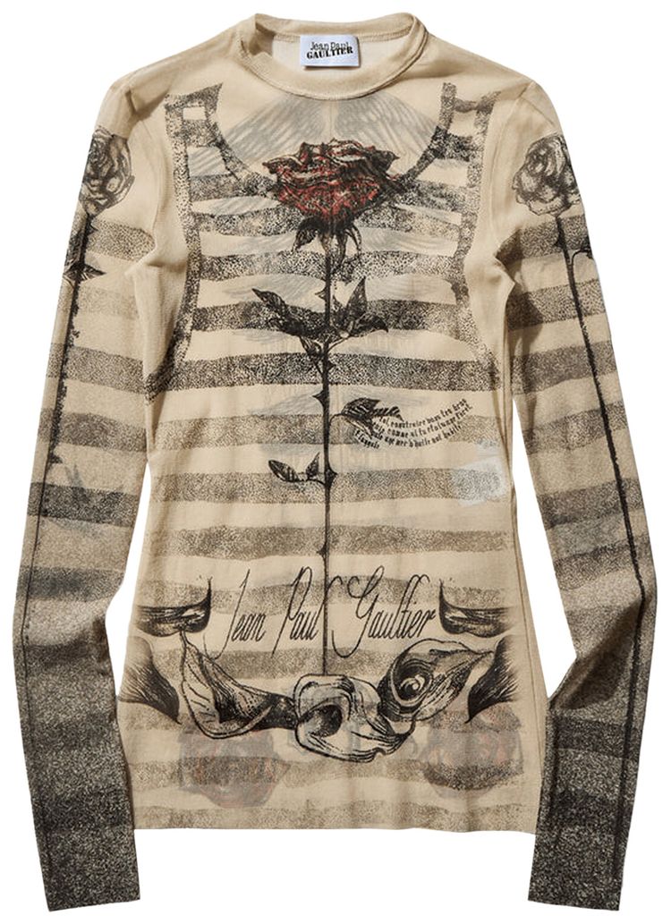 Jean Paul Gaultier Tattoo Mariniere Long Sleeve Top EcruBlackRed