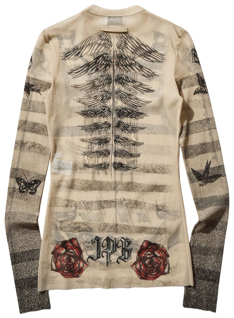 Jean Paul Gaultier Tattoo Mariniere Long Sleeve Top EcruBlackRed