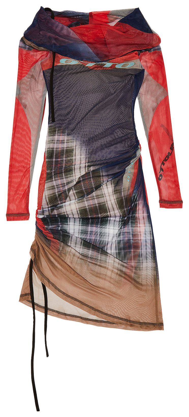 Ottolinger Mesh Off Shoulder Mini Dress Surf Plaid Print