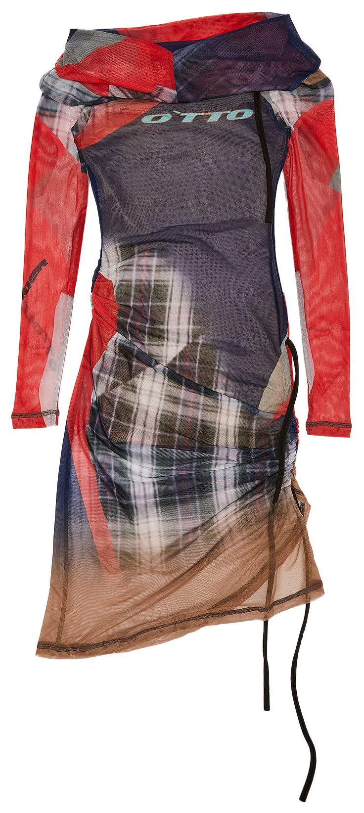 Ottolinger Mesh Off Shoulder Mini Dress Surf Plaid Print