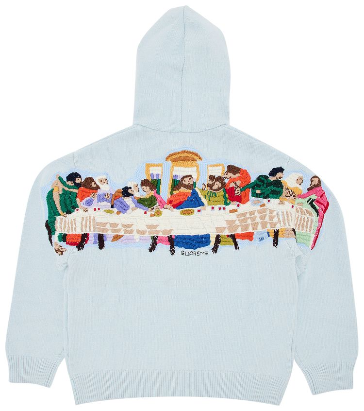 Supreme Last Supper Embroidered Zip Up Hooded Sweater Light Blue