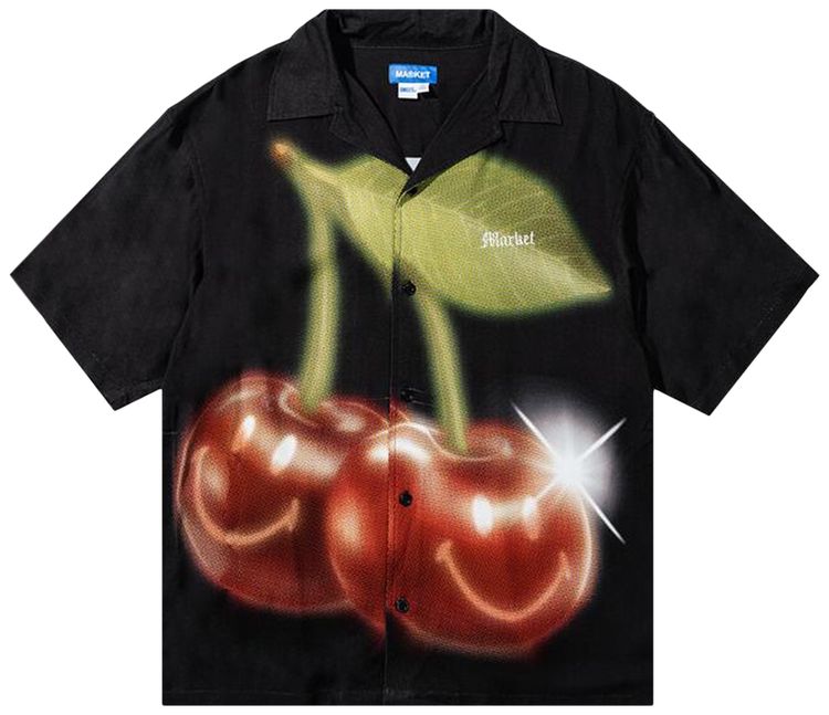 Market Smiley Cherries Short Sleeve Button Up Black