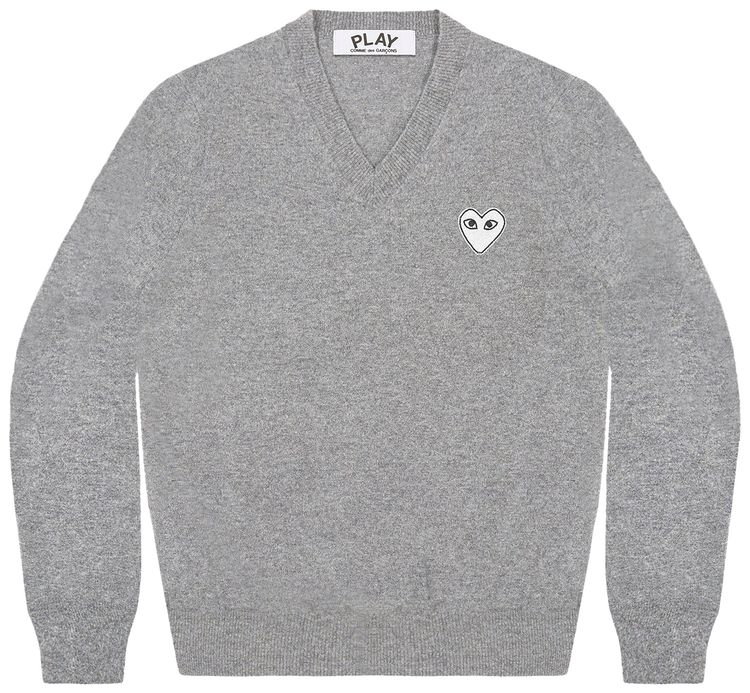 Comme des Garcons PLAY White Heart V Neck Sweater Light Grey