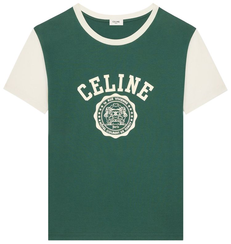 CELINE Blason Regular T Shirt Moss GreenWashed White