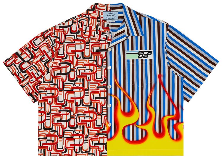 Pre Owned Prada Split Flame Double Match Bowling Shirt Blue Stripe From the Closet of Pusha T