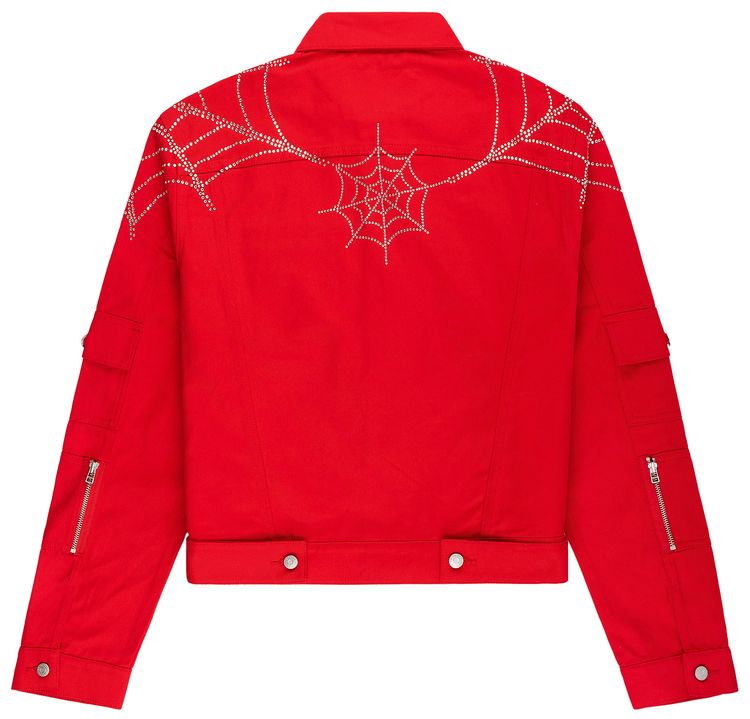 Sp5der Web Denim Cropped Trucker Jacket Red