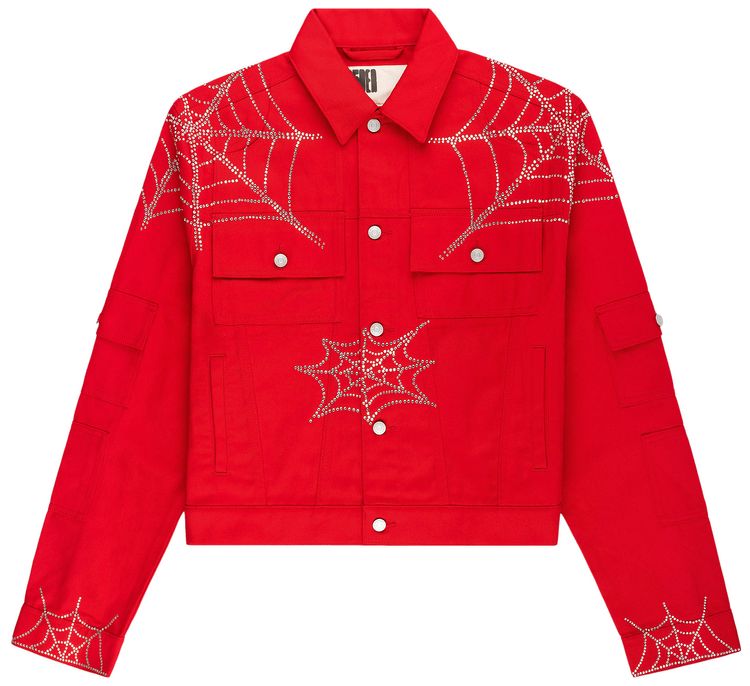 Sp5der Web Denim Cropped Trucker Jacket Red