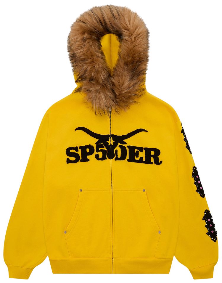 Sp5der Fur Hooded Zip Up Sweatshirt Yellow