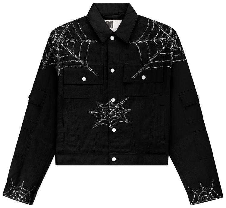 Sp5der Web Denim Cropped Trucker Jacket Black