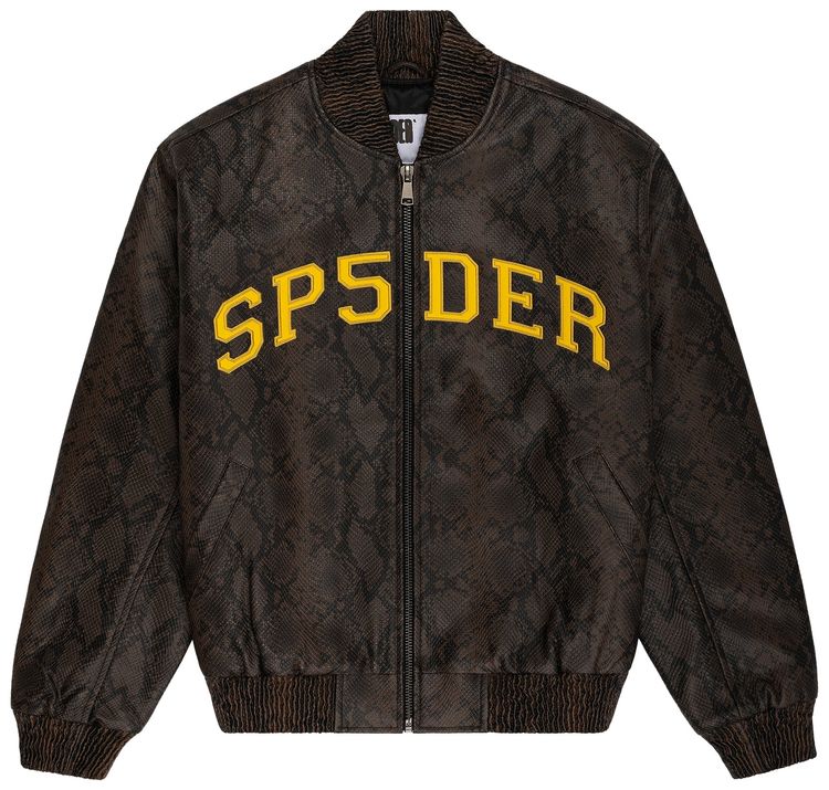 Sp5der Snake Leather Varsity Bomber Jacket Brown