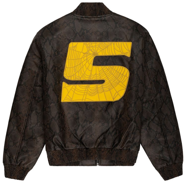 Sp5der Snake Leather Varsity Bomber Jacket Brown