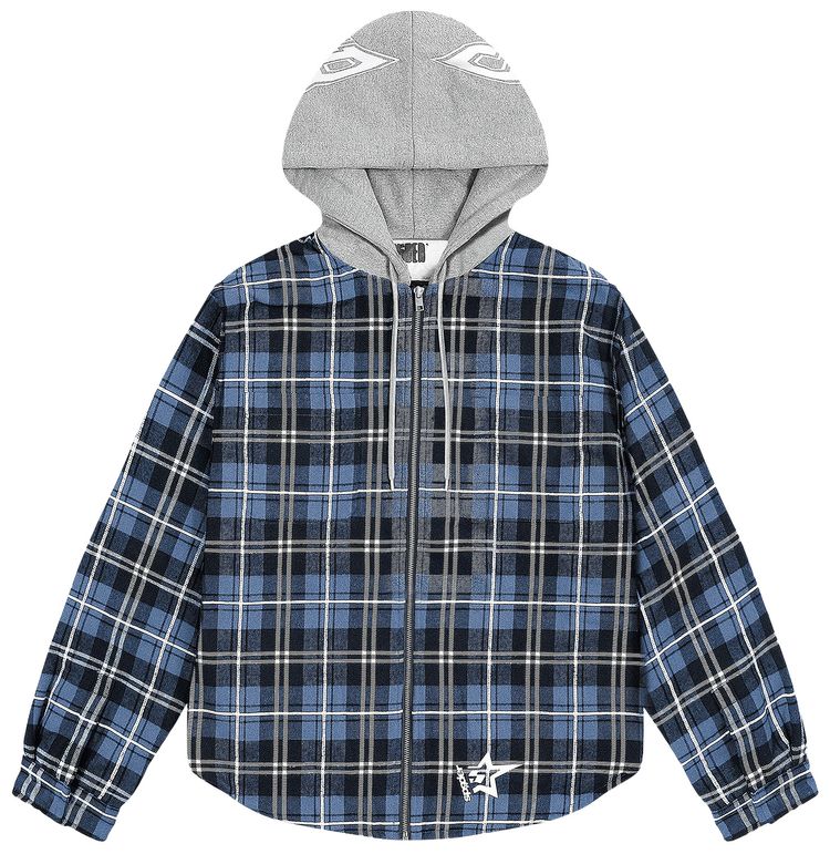 Sp5der Hooded Zip Flannel Shirt Jacket Blue Plaid