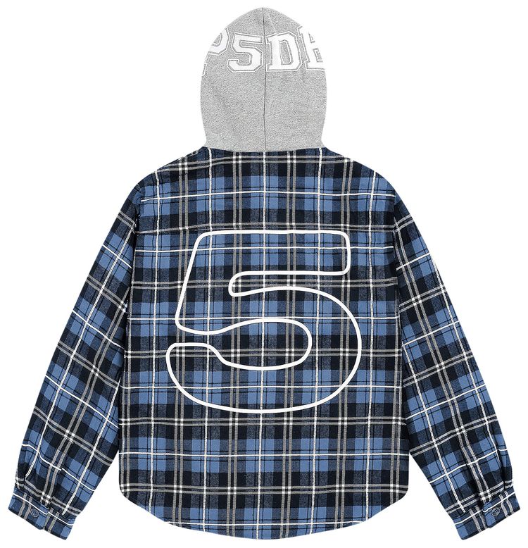 Sp5der Hooded Zip Flannel Shirt Jacket Blue Plaid