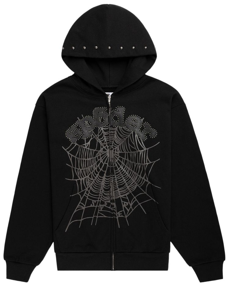 Sp5der Og Web Studded Zip Hoodie Black