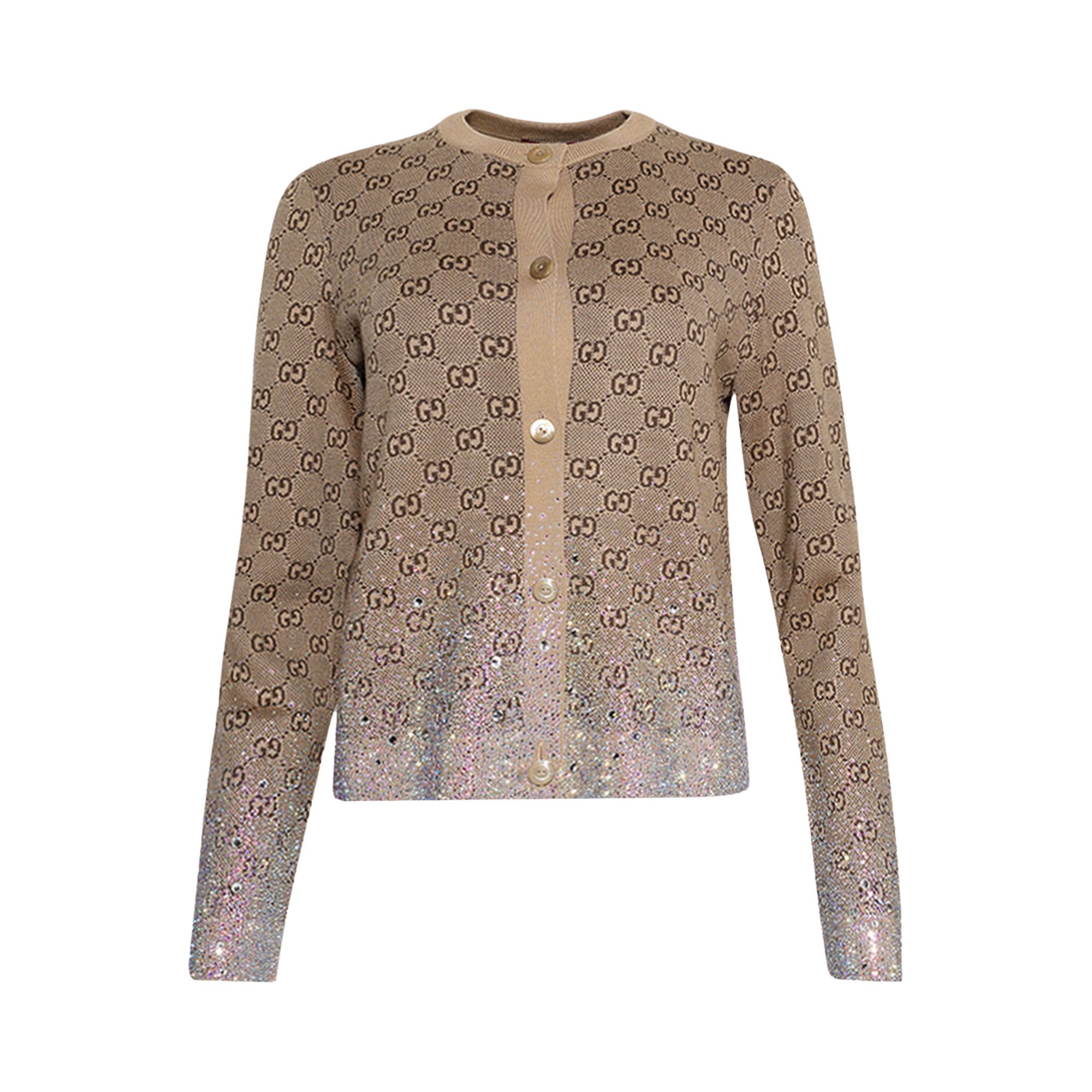 Buy Gucci Crystals Embroidered Wool GG Jacquard Cardigan 'Camel