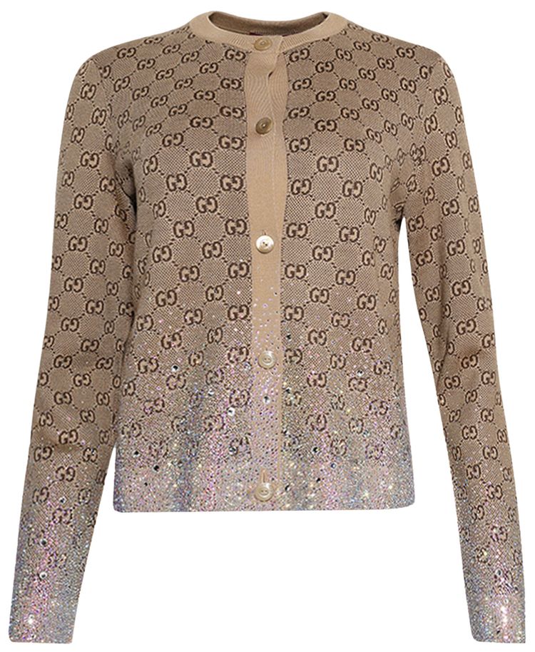 Gucci Crystals Embroidered Wool GG Jacquard Cardigan Camel