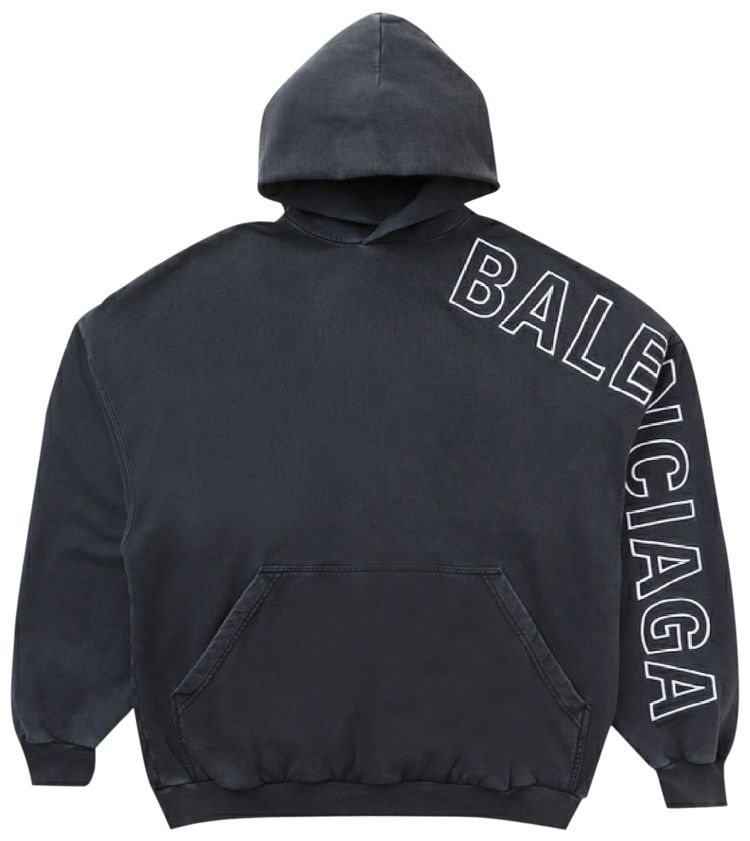 Balenciaga Logo Embroidered Oversized Hoodie Washed BlackWhite