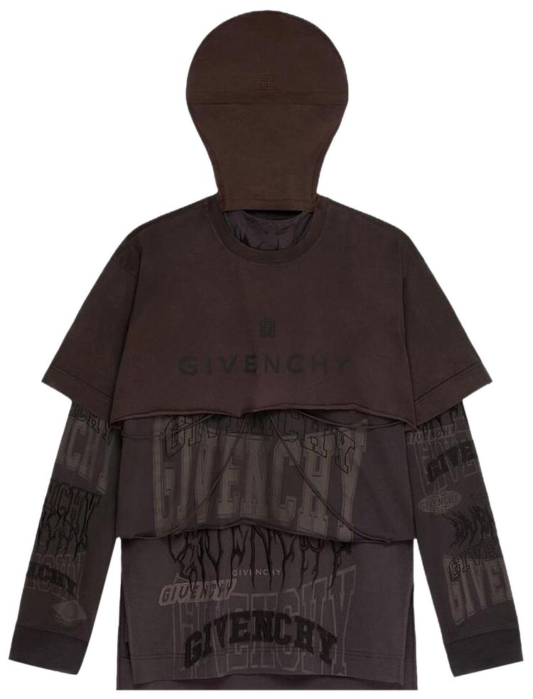 Givenchy Layered Long Sleeve Graphic T Shirt With Balaclava Dark Brown