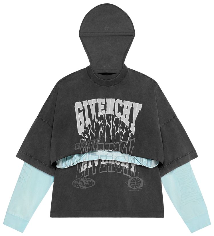Givenchy Layered Long Sleeve Graphic T Shirt With Balaclava Grey