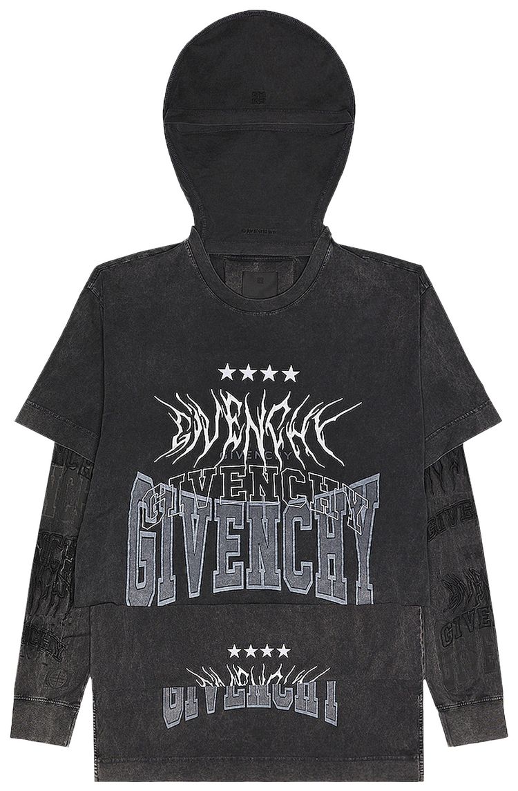 Givenchy Layered Long Sleeve Graphic T Shirt With Balaclava Grey