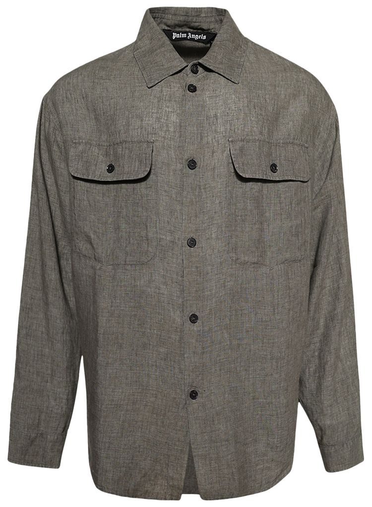 Palm Angels Curved Logo Linen Overshirt Military Grey