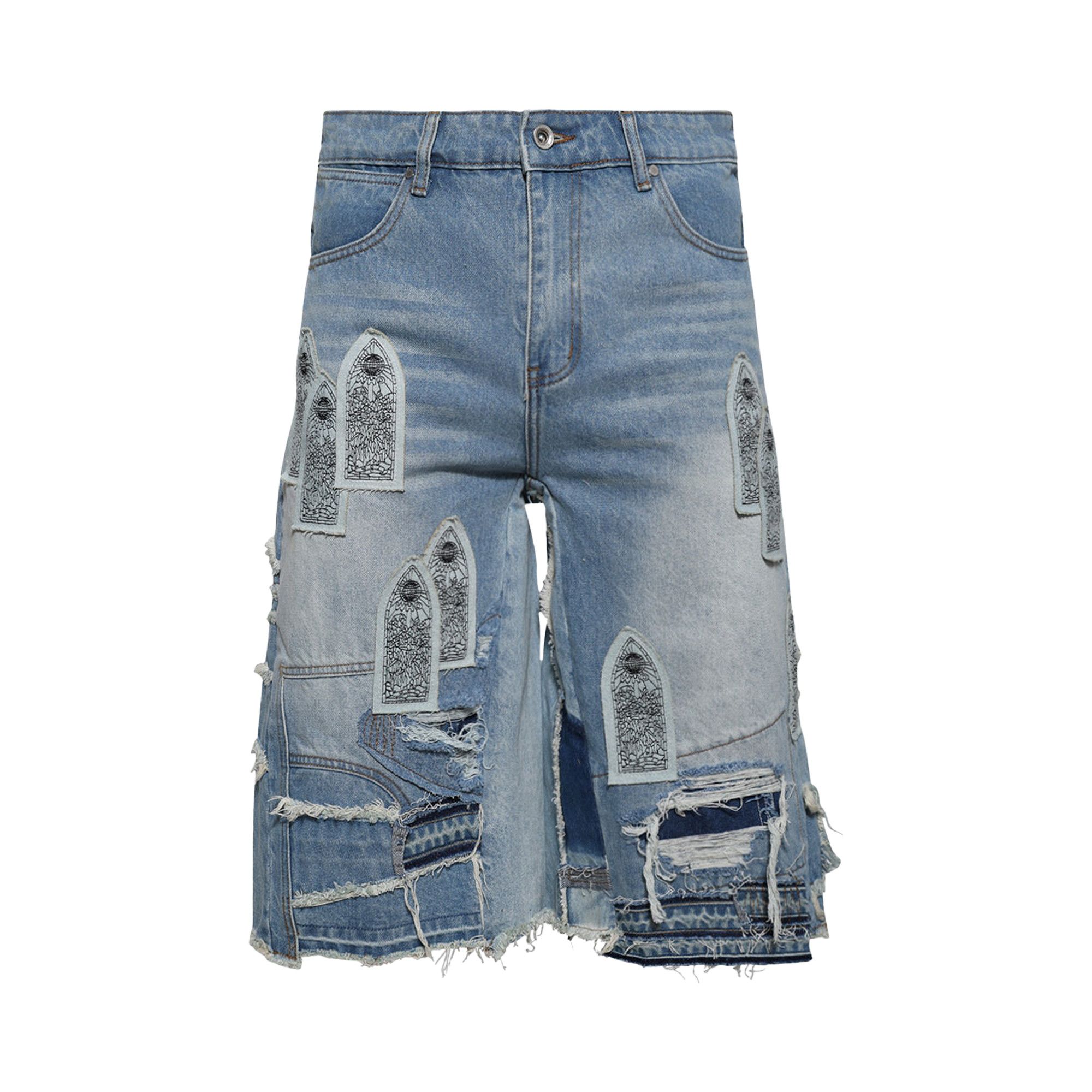 WHO DECIDES WAR デニムショートパンツ Buy Who Decides War Patched Arch Blowout Denim Short 'Sky