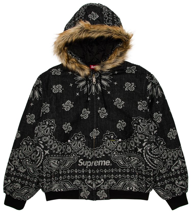 Supreme Bandana Jacquard Denim Hooded Work Jacket Black