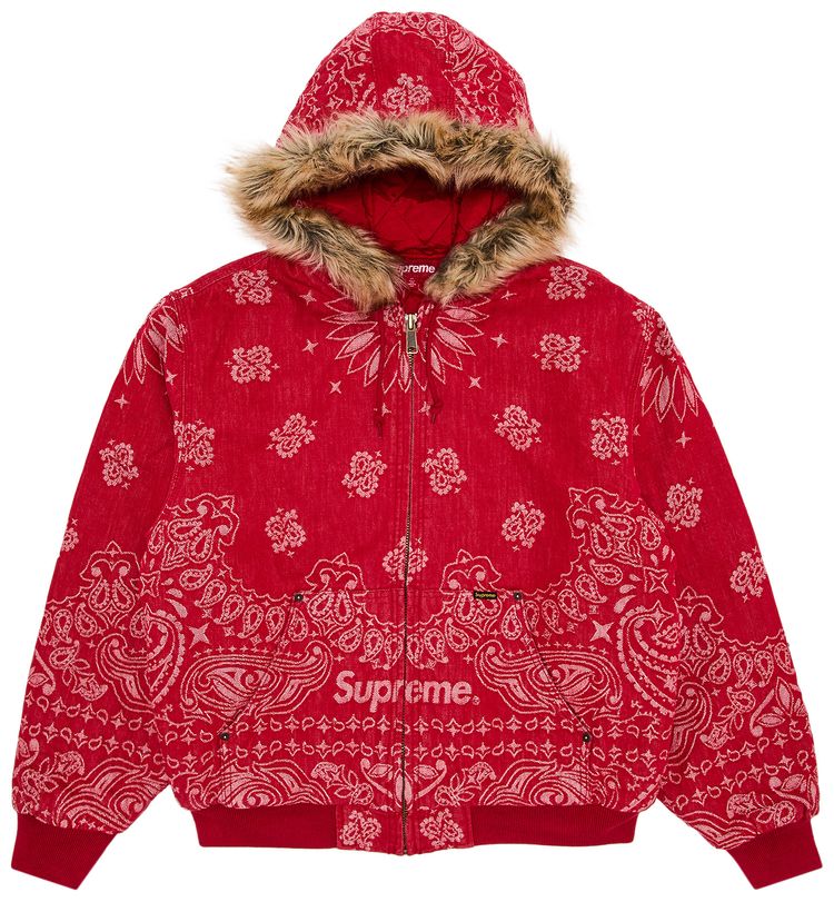 Supreme Bandana Jacquard Denim Hooded Work Jacket Red
