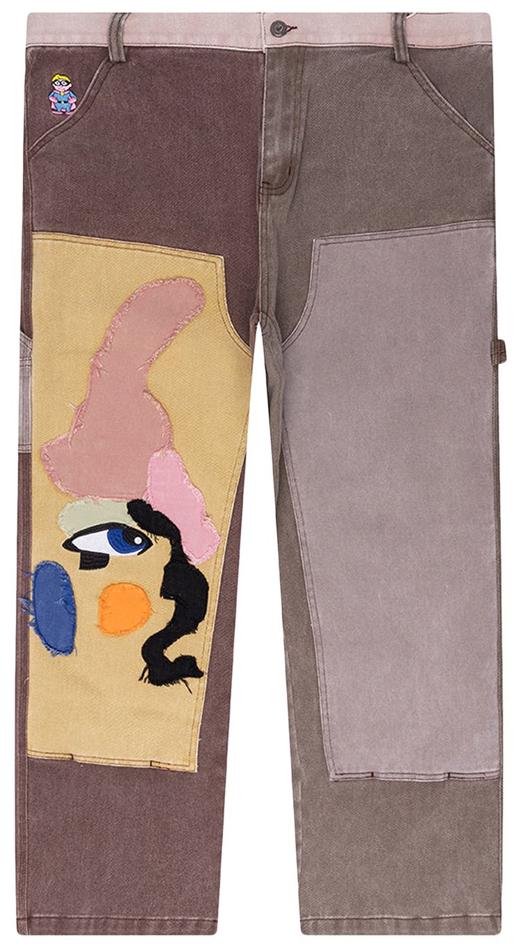 KidSuper Patchwork Face Double Knee Pant BrownMulticolor