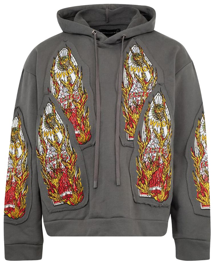 Who Decides War Flame Glass Embroidered Hooded Pullover Vintage Grey
