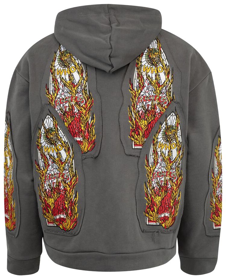Who Decides War Flame Glass Embroidered Hooded Pullover Vintage Grey