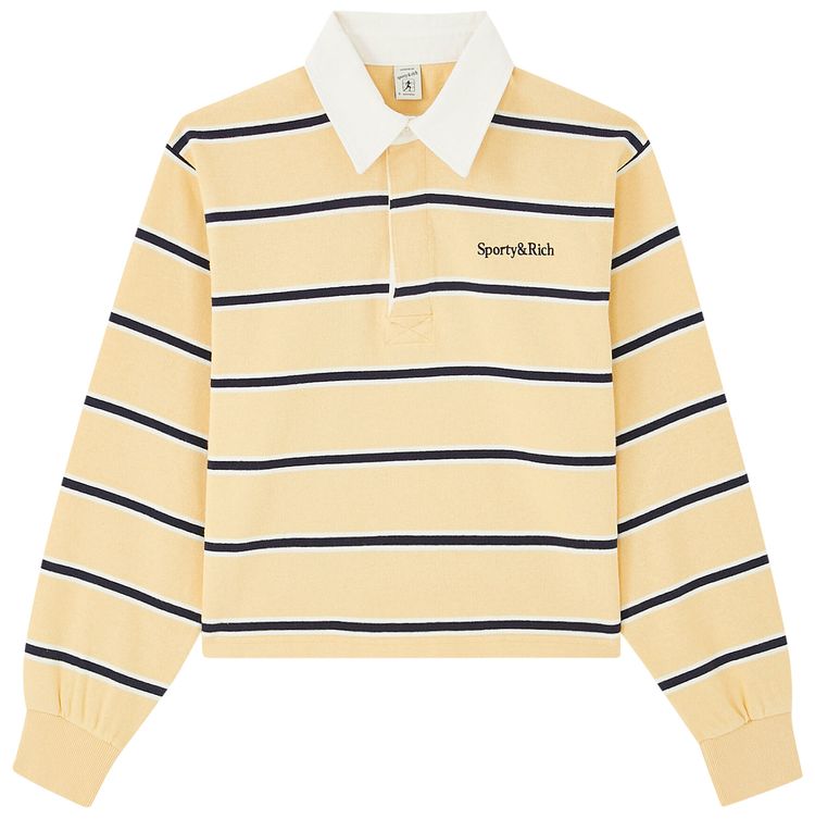 Sporty  Rich Serif Logo Cropped Rugby Polo AlmondDark NavyWhite