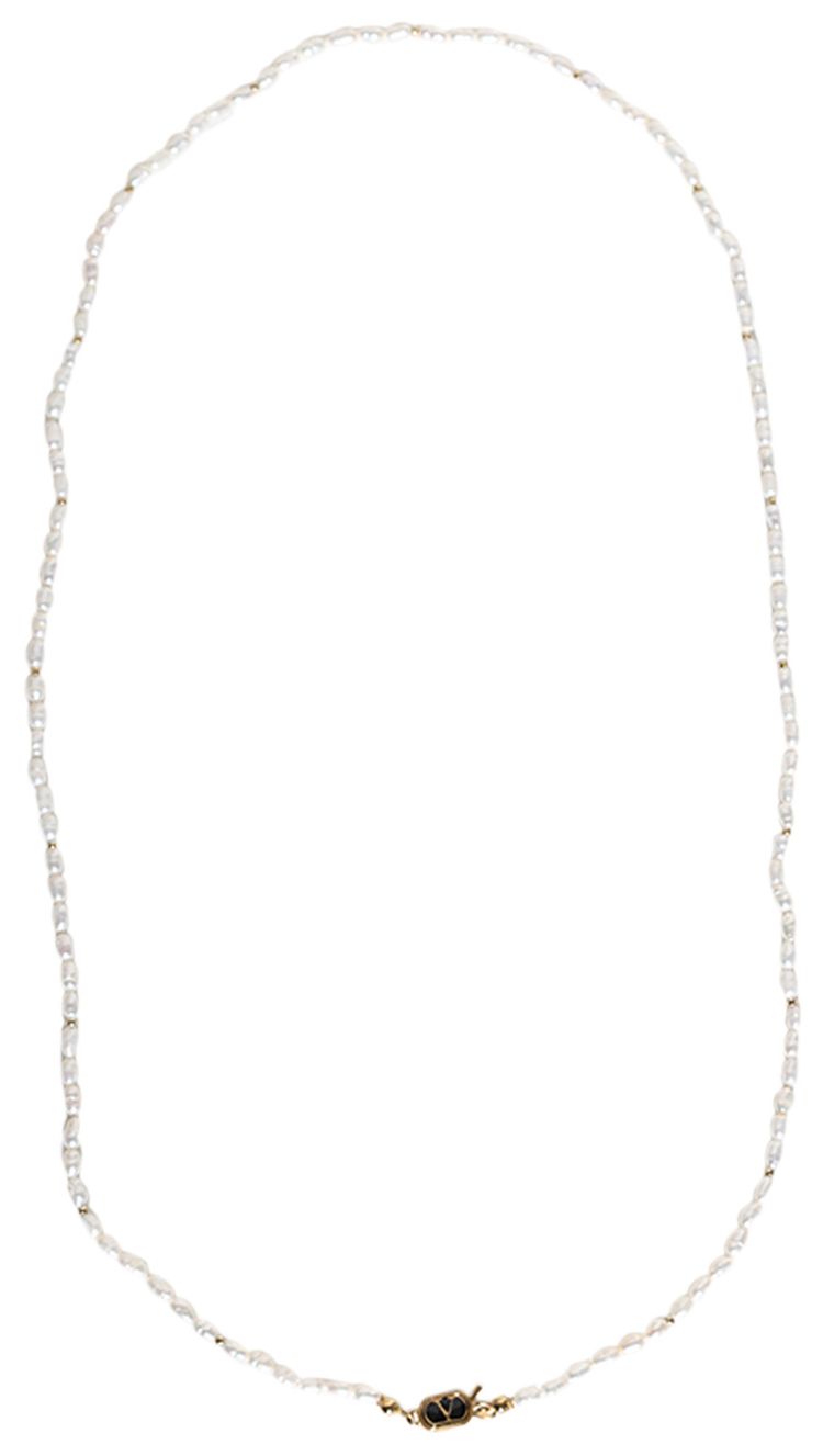 Valentino Faux Pearl V Logo Necklace OroBlackCream