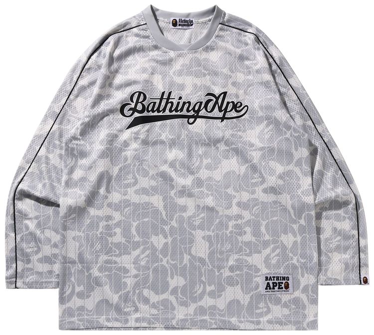 BAPE Camo Stripe Baseball Logo Relaxed Fit Long Sleeve Tee Grey