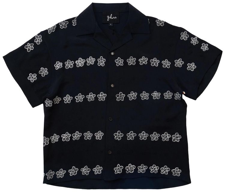 Glass Cypress Short Sleeve Silk Flower Bowling Shirt Black