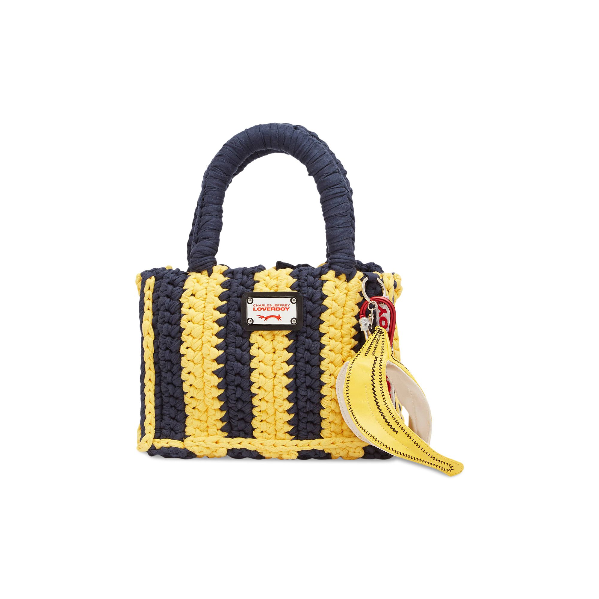 Buy Charles Jeffrey Loverboy Knitted Bucket Bag 'Navy/Yellow