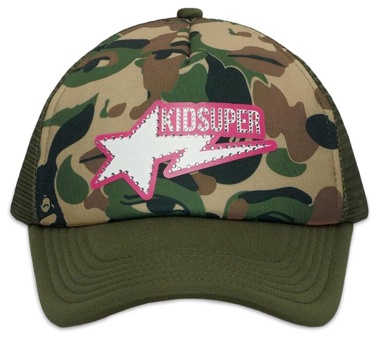 BAPE x KidSuper Bape Sta Logo Rhinestone Trucker Cap Green
