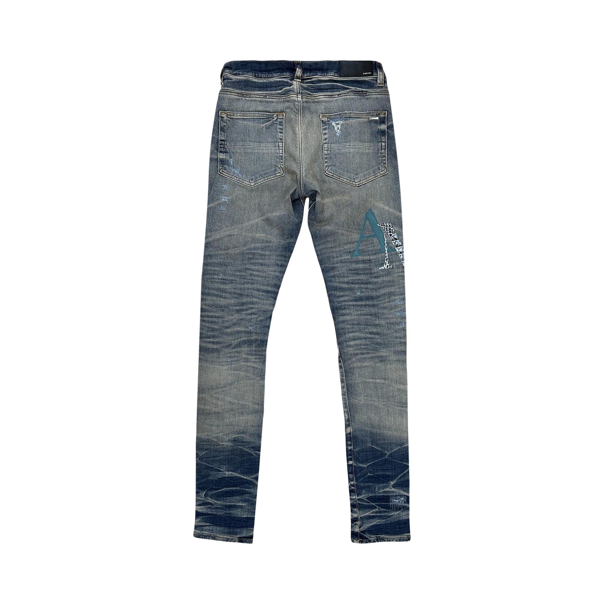 Buy Amiri Leather Staggered Logo Jeans 'Vintage Indigo