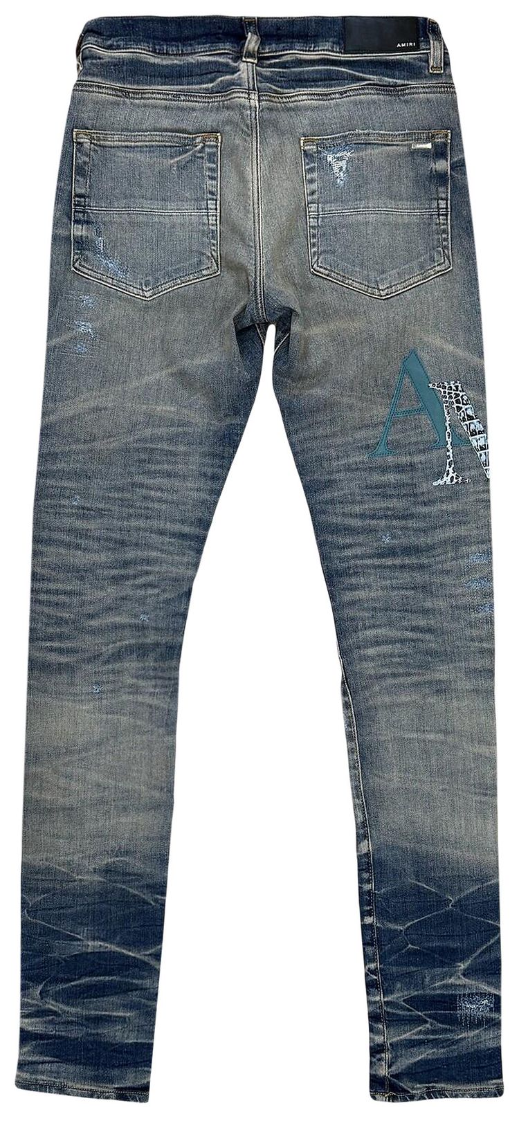 Amiri Leather Staggered Logo Jeans Vintage Indigo